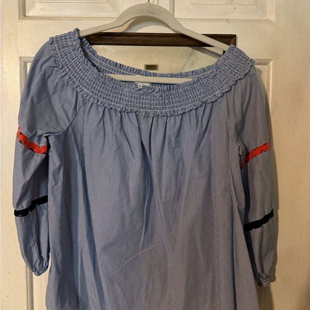 crown & ivy Blue Striped Off-Shoulder Blouse with Red and Black Trim